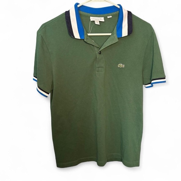 Men’s Lacoste Matte Piping Petit Piqué Slim Fit Polo – Green/Sapphire Blue, M - Picture 2 of 10